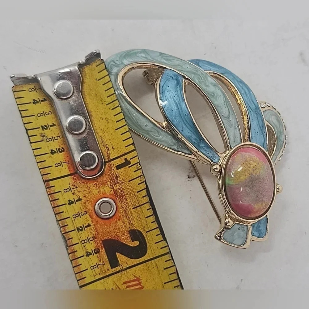 Vintage Enamel Gold-Tone Colorful Gemstone Brooch With Rhinestones - Picture 6 of 7